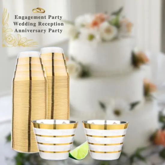 110 Pack 9 oz Disposable Clear Plastic Cups| Gold Rimmed Disposable Cups {3}