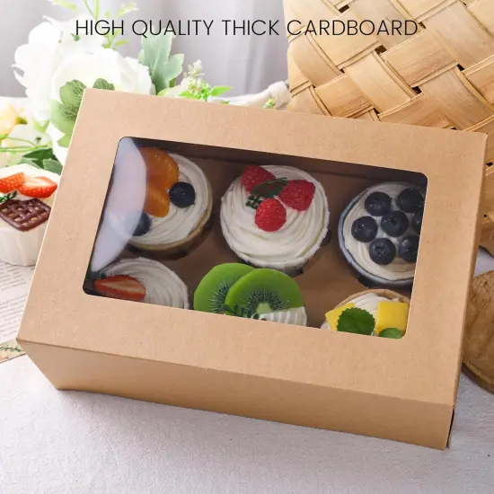6 Pack Cupcake Boxes, 9.5x6.3x3inch Cupcake Containers Brown Cupcake Carrier with Inserts 6 Holders for Muffins Gift Treat Box Bulk {3}