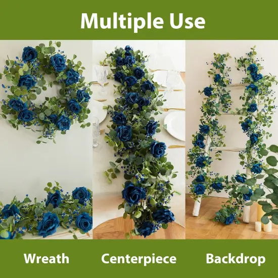 5.91FT Artificial Eucalyptus Greenery with Flowers, Fake Rose Gypsophila for Wedding Spring Home Party Decor (Blue, 1) {3}
