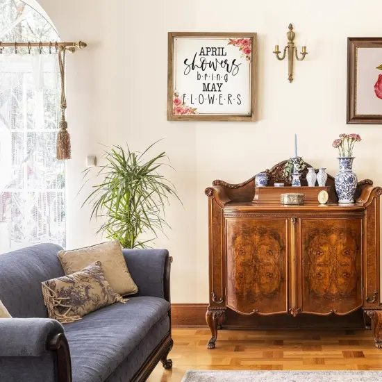 Spring Decorations For Home, 11.8 Inch Wooden April Showers Bring May Flowers Sign Decor, Indoor Wall Table Seasonal Decorative Signage {5}