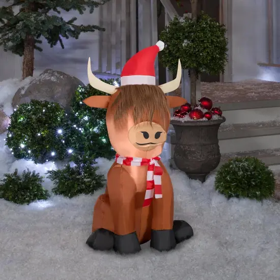 3.5' Gemmy Airblown Inflatable Christmas Highlander Cow w/ Santa Hat & Scarf Yard Decoration 881078 {2}