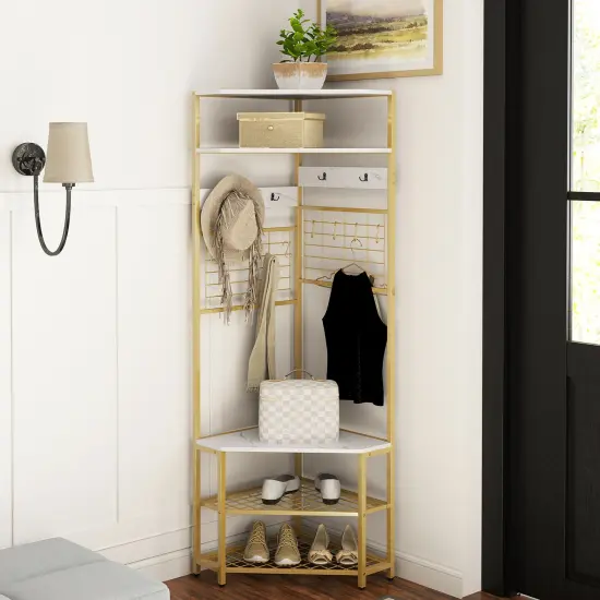 5-Tier Corner Hall Tree with Shoe Storage Bench White {2}