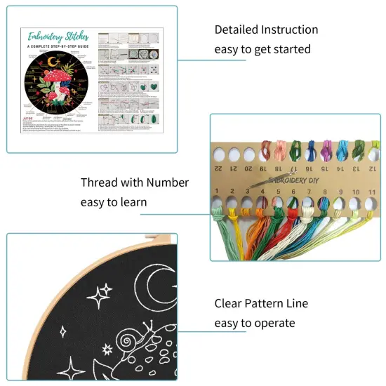 Nuberlic 3 Pack Embroidery Kit for Beginner Adults, Stamped Cross Stitch with Mushroom Patterns Include 3 Hoop, Cloth Thread Needles and Instructions {4}