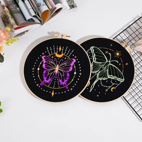 3 Sets Tarot Embroidery Kits for Beginners,Cross Stitch Kit for Adults,Crewel Starters Needlepoint with Moon, Butterfly, Bee and Moth Pattern and Tool {3}