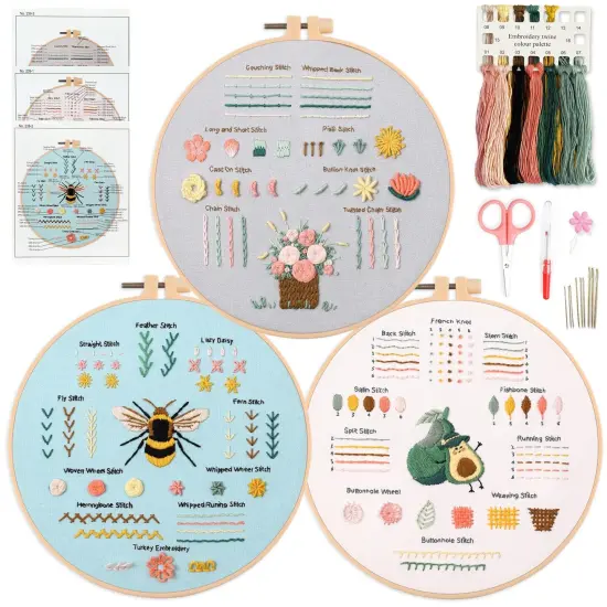 3 Embroidery kit for Beginners, Beginner Embroidery Kit for Adults. Starter Kits to Learn 28 Different Stitches, Including Fabric with Prints, Threads, Needles, Hoop and Video tutorials&hellip; {1}