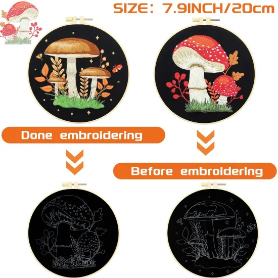 5 Sets Mushroom Embroidery Kit for Beginners with Pattern and Instructions Include Embroidery Cloth Hoops Threads for Craft Lover Hand Stitch DIY Adult Hand Needlepoint {4}