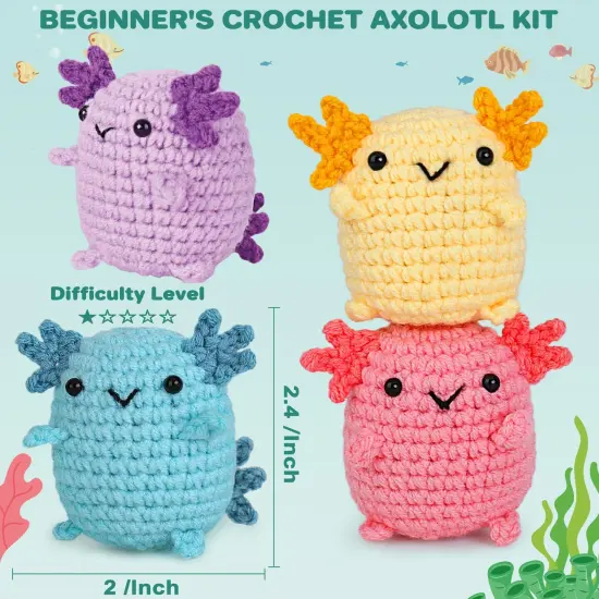 Crochetta Crochet Kit for Beginners, Crochet Starter Kit w Step-by-Step Video Tutorials, Beginner Crochet Kit for Adults Kids Women Men Complete Kit Included (4 Mini Axolotls) {6}