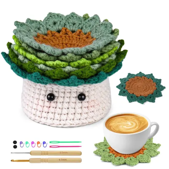 Crochet Kit for Beginners, 6PCS Coasters Crochet Starter Kit Plant Pot, Knitting Supplies Kit with Step-by-Step Video Tutorials, Crochet Yarn for Adults DIY Present {1}