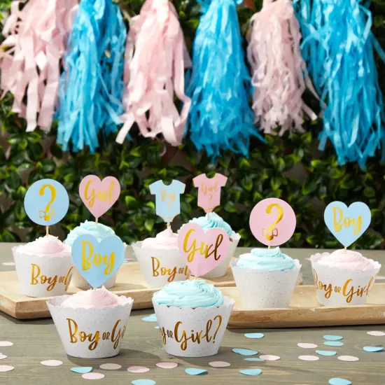 48 Pack Girl or Boy Cupcake Wrappers and 48 Toppers, Gender Reveal Party Supplies Blue {2}
