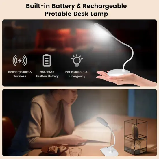 Battery Powered Desk Lamp, Portable Lamps Rechargeable 3 Color Modes Touch Control Stepless Dimming, Wireless Desk Lamp with 2000mAh, Small LED Table Light for Dorm Study Office Bedroom,Black {2}
