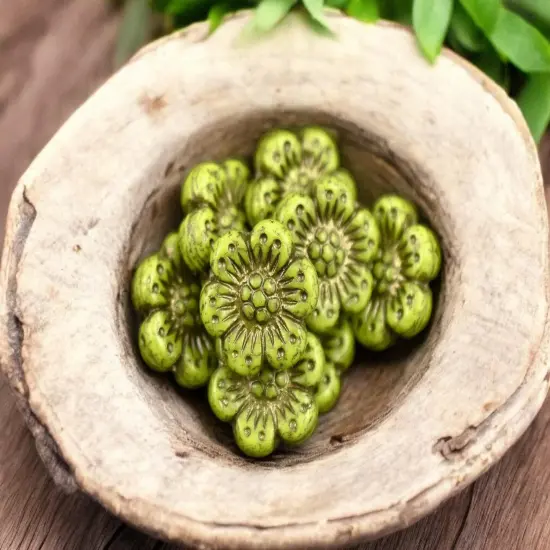 *12* 14mm Dark Bronze Washed Opaque Gaspeite Green Wildflower Beads {2}