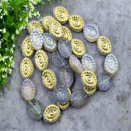 *10* 14x11mm Gold Washed Opaque Matte Crystal Luster AB Mystic Eye Beads {3}