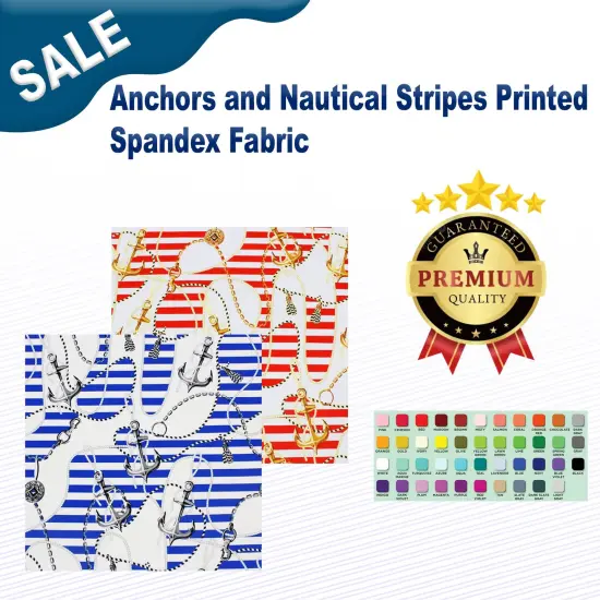 Anchors and Nautical Stripes Printed Spandex Fabric Red/Gold {2}