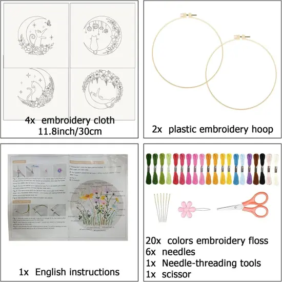 4 Pack Cat Moon Embroidery Kits for Beginners {2}