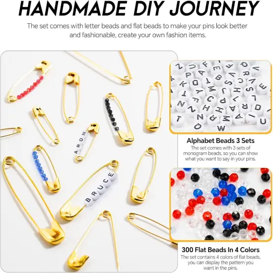 150Pcs Gold Safety Pins 3 Different Sizes, a Total of 300pcs DIY Colored Beads and 78pcs Letter Beads {4}