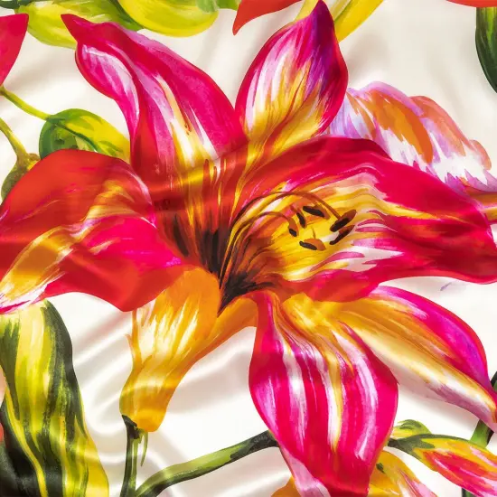 1 Yard Silk Charmeuse Lily Print Italian Made Magenta, Orange, Green & White 53 Inches Wide {1}