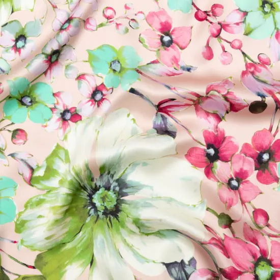 1 Yard Luxury Italian Pink Silk Charmeuse with Central Floral Print, 55 Inches Wide {1}