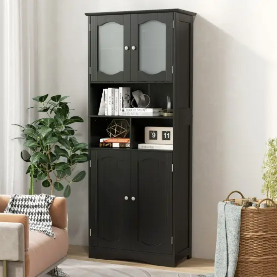 58.5 Inch Freestanding Linen Bathroom Storage Cabinet with Frost Glass Doors Black {6}