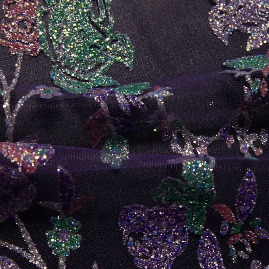 1 Yard Tulle Lace Fabric with Multicolor Glitter Floral Design, 58&Prime; Wide Purple {3}