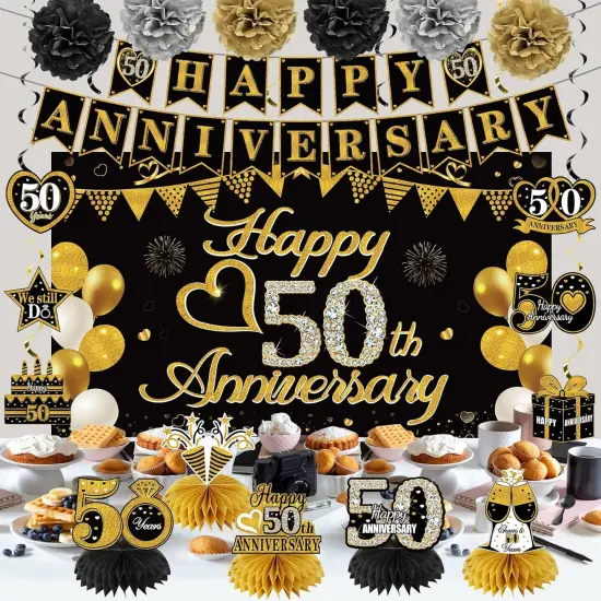 Happy 50th Anniversary Decorations Kit, Black Gold 50th Wedding Anniversary {4}