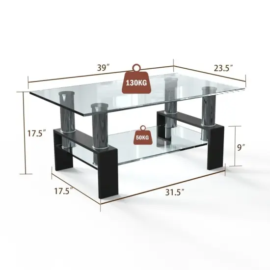 Modern 2 Tier Storage Coffee Table with Black Metal Legs and Tempered Glass Top for Living Room {2}