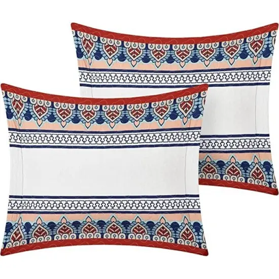 Boho Reversible Cotton Quilt Set Queen Size Blue White 4 Piece {4}