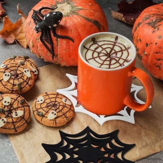 16 Pcs Felt Halloween Coasters - Black, White Spider Web {4}