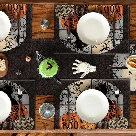 Set of 4 Black Cat and Pumpkins Halloween Placemats - 12x18 Inch (Black/Orange) {4}