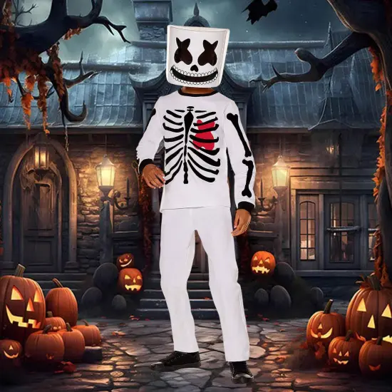 Kids Marshmello Black and White Mello Skeleton Costume Halloween DJ Mask Shirt Dress Up Outfit {3}
