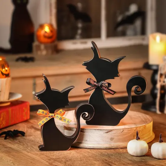 2Pcs Halloween Wood Black Cats Decor {3}