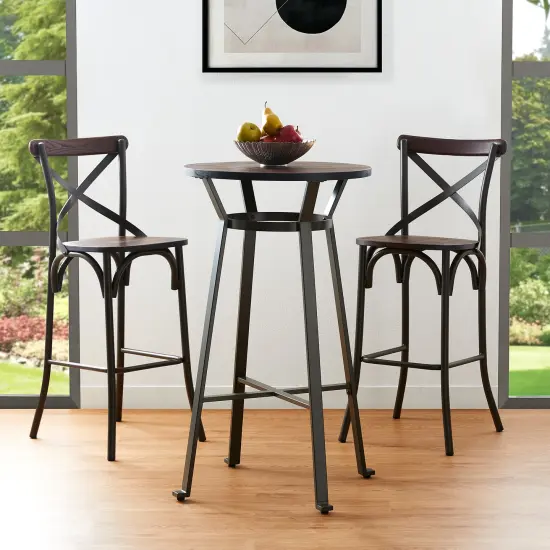 3 Piece Pub Table and Bar Chair Set - Steel Round Bar Table and Bar Chair Set Brown {6}