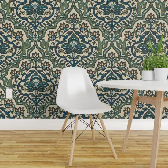 Pre-Pasted Wallpaper 2FT Wide Damask Millefleur Blue Green French Farmhouse Provincial Classic Custom Pre-pasted Wallpaper by Spoonflower {1}