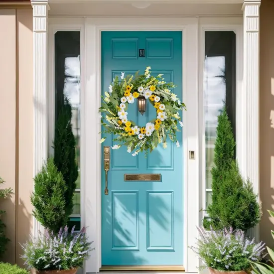 Artificial Spring Wreath 22 Inch Spring Wreaths for Front Door Summer Wreath with White Yellow Daisy {3}