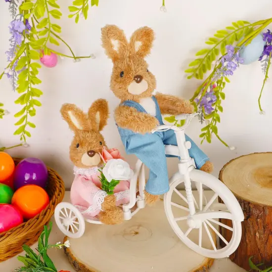 Easter Tabletop Decorations Plush Bunny Couple, 9.8" (L) x 11" (H) Easter Rabbits Ride a Bike, Cute Animal Figurine for Girls' Gift, Easter Basket Filler Spring Home Kitchen Room Ornament {3}
