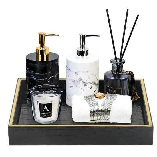 HofferRuffer Faux Leather Vanity Tray, Elegant Desktop Storage Organizer, Decorative Catchall Perfume Tray, Bathroom Valet Tray, Nightstand or Dresser Organizer (Black Croco) {5}