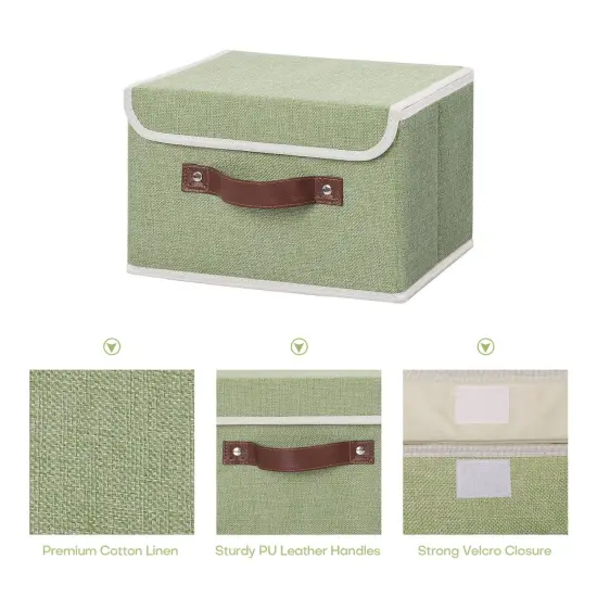 Storage Bin with Lid Storage Boxes with PU Leather Handles PP Plastic Board Decorative Foldable Lidded Cotton Linen Fabric Home Cubes Baskets Closet Organizer Container - Green, Small Size {6}