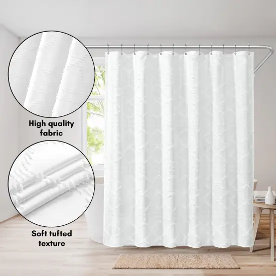 Americanflat 71x71 White Woven Shower Curtain with Tassel And Accents - Includes 12 Grommets and Hooks - 100% Polyester {10}