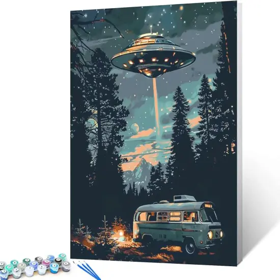 Starry UFO DIY Paint by Numbers for Adults Bus in Forest DIY Oil Painting Acrylic Paint Art Moon Stars Painting Kits Canvas with Acrylic Paint UFO Fantasy Decor 16x20 Inch （Without Frame ） {2}