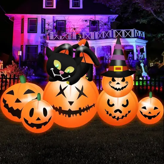 Halloween Inflatables Pumpkin Outdoor Decorations Blow Up Inflatables Pumpkin Patch with Black Cat & Witch Hat {1}