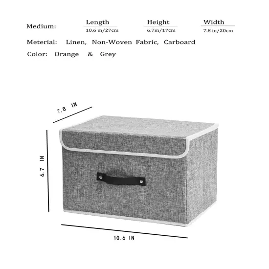 Small Storage Bins with Lids 2 Pack Linen Collapsible Cube Storage Basket with Handle, Jane's Home Foldable Fabric Storage Box with lids for Clothes Closet, Ornament Grey {3}