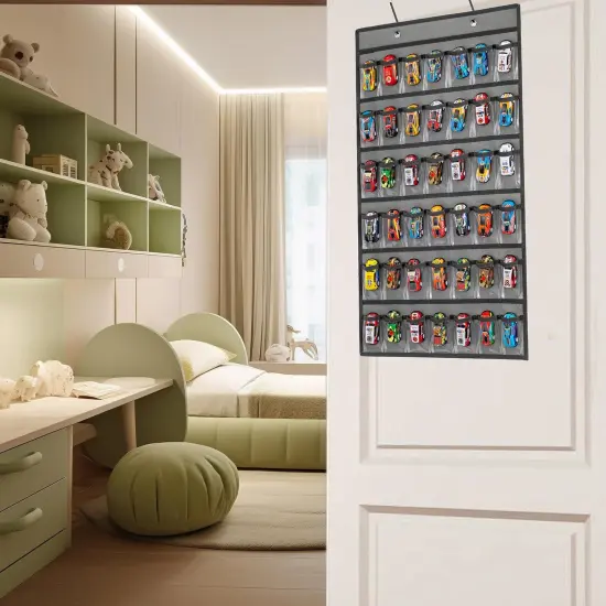 Toy Car Storage Organizer Hanging Toy Wheels Cars Holder Matchbox Cars Display Case with 42 Clear Pockets (One Side-Grey) {4}