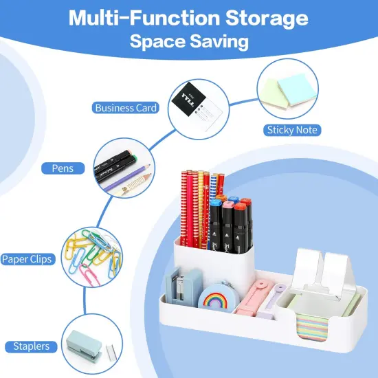 Pen Holder for Desk, Desktop Organizer with Mobile phone holder/Pencil Holders/Sticky Note Tray/Paperclip Storage and Office Stationery Accessories Caddy for Office Home School (White) {3}