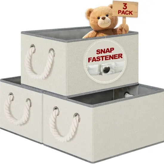 Large Fabric Storage Bins for Shelves with Handles 3 Pack | Storage Baskets for Organizing and Cloth Bins | Folding Rectangle Closet storage bins for Cloth and Magazine,Beige,15"W x 10.5"D x 8.5"H {1}