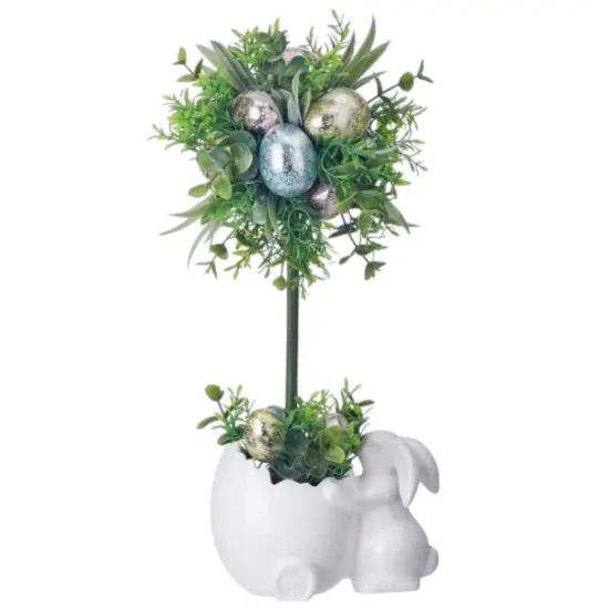 14" Ceramic Bunny Pot with Egg Topiary &ndash; Easter Tabletop Decoration {1}