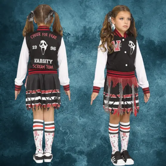 Kids Ghost Face Cheer Squad Halloween Costume &ndash; Varsity Dress with Pom Poms & Blood-Spattered Socks {3}