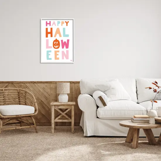 Pastel Happy Halloween Text Whimsical Pumpkin MotifFramed Giclee Art Gray {8}