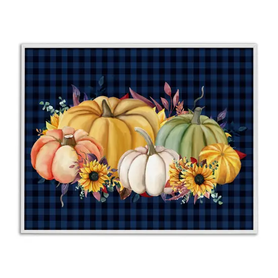 Sunflowers & Pumpkins Botanical Arrangement Blue Tartan Pattern Framed Giclee Art White {1}