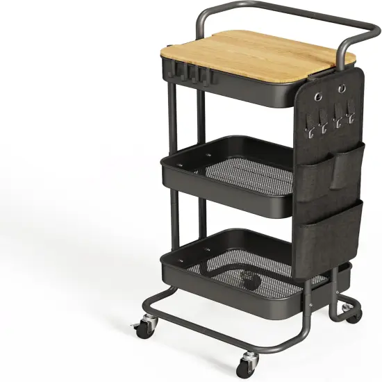3 Tier Metal Utility Rolling Cart with Table Top and Side Bag-Art Craft 4 Hooks - (Black) {1}