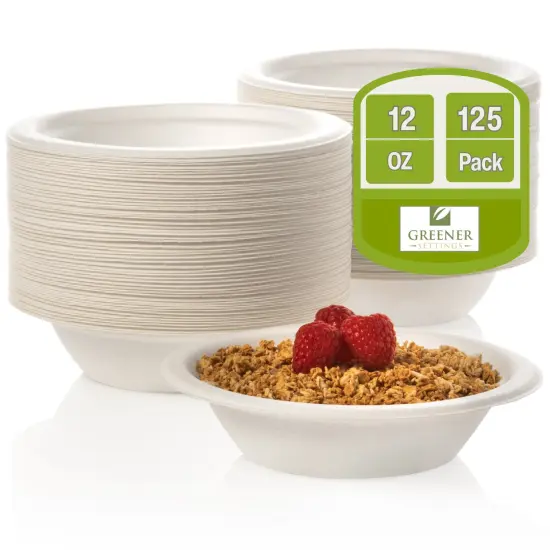 Greener Settings 125-Pack 12 oz Compostable Paper Bowls &ndash; Heavy-Duty Sugarcane Bagasse, Biodegradable, Microwavable, Freezer Safe, Leak-Resistant, Cut-Resistant Eco-Friendly Bowls for Soup, Cereal, and Snacks {1}