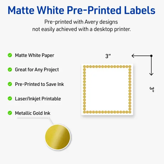 Avery Printable Square Labels, Gold Beads, 3" x 3", Matte White Square Labels, Permanent, Laser/Inkjet, 60ct, Great for Product Labels {2}